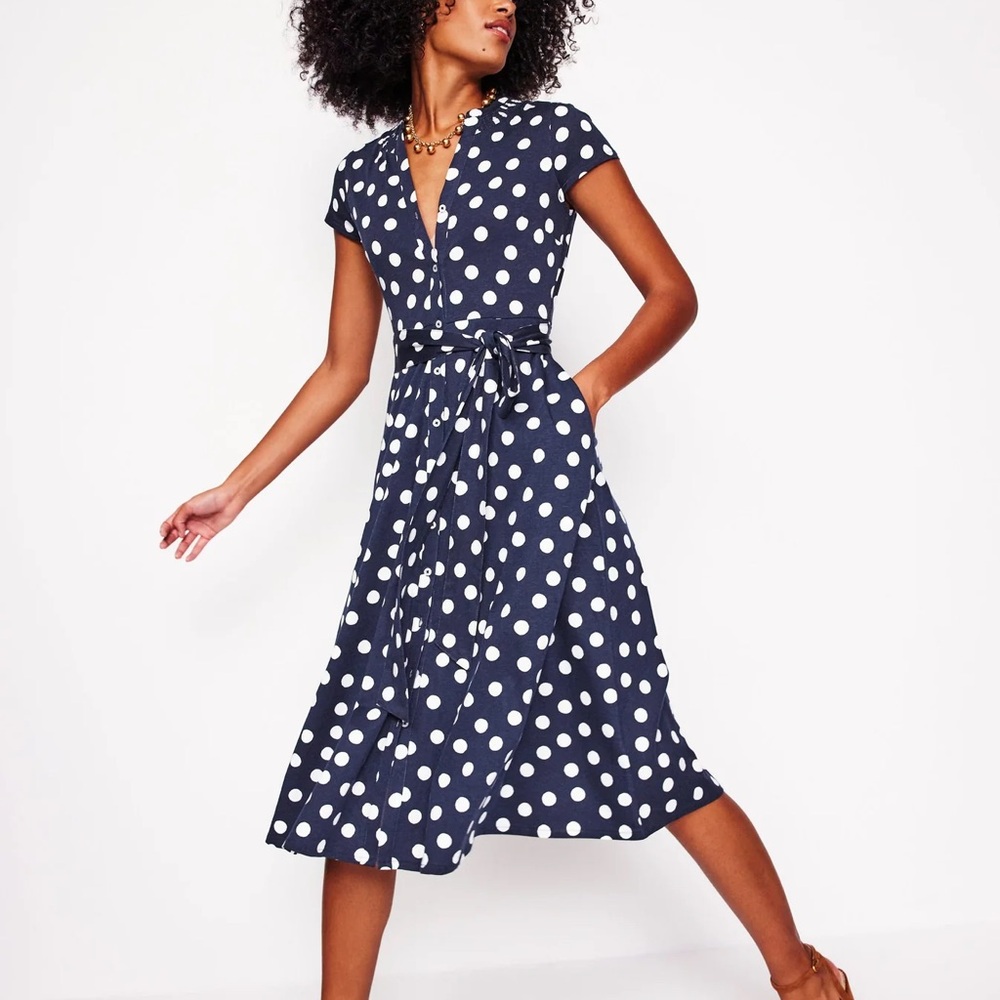 Boden Navy and White Polka Dot Maxi Dress